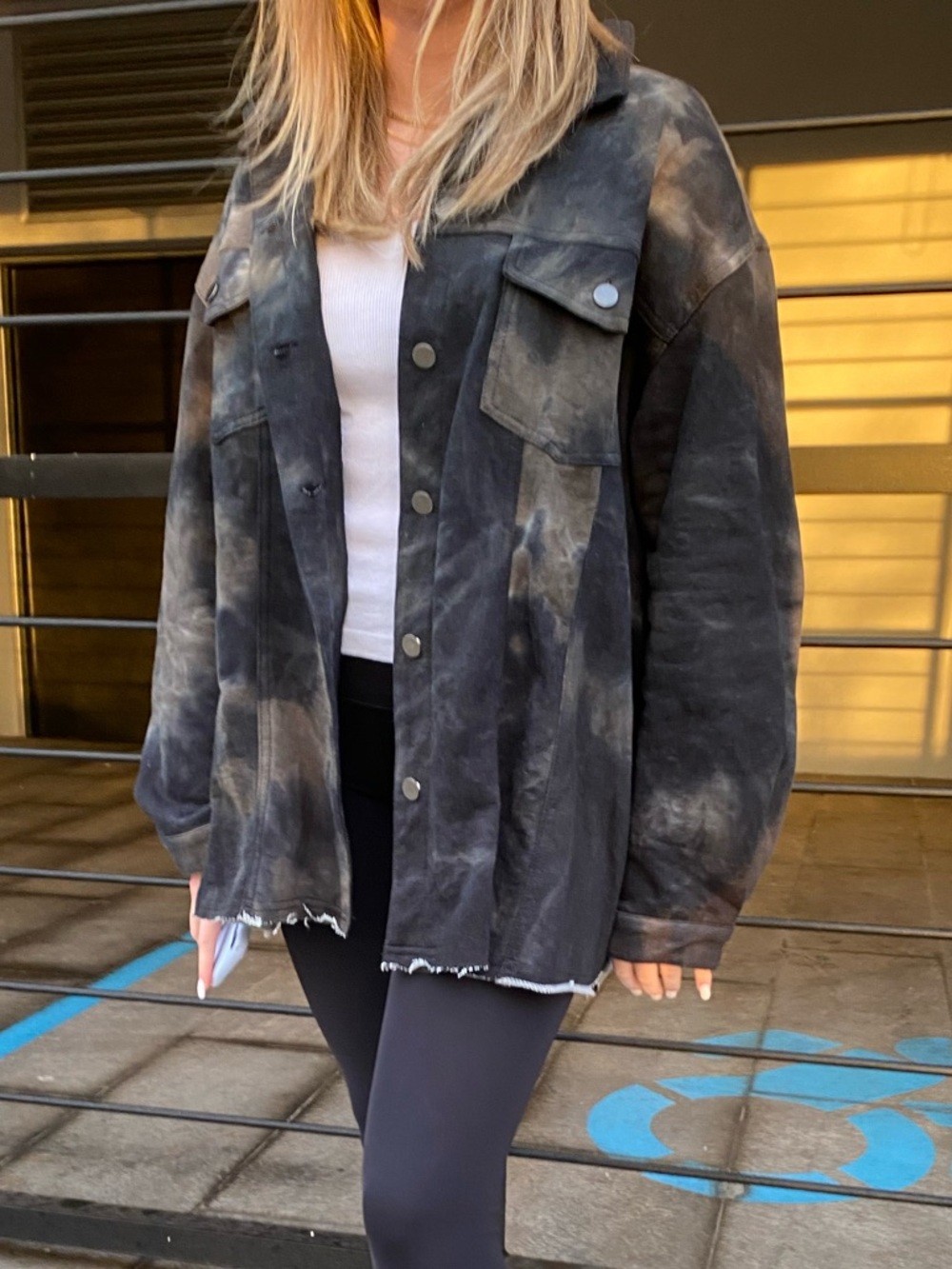 She + Sky Acid Wash Distressed Collared Jacket